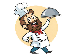 Happy cartoon chef with mustache holding plate and kitchen utensils 