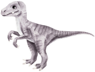 Playful velociraptor with sharp teeth. Fast and furious. Watercolor illustration of a dinosaur. Biting cute character. Handmade.