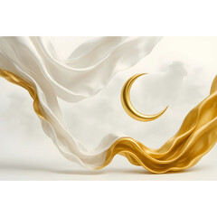Golden crescent moon with flowing silk fabric
