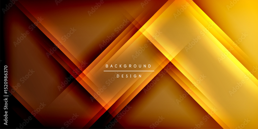 Poster abstract geometric layers create vibrant orange, yellow glow. dark background emphasizes bright shap
