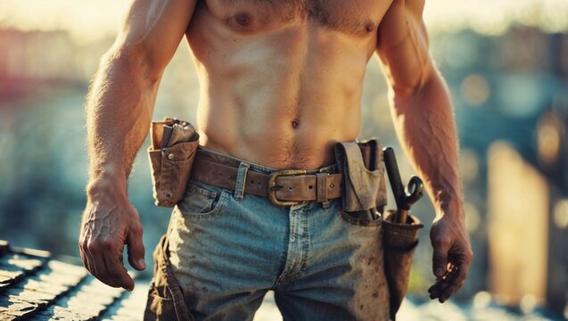 Muscular construction worker stands shirtless in warm sunlight with a rugged tool belt, exuding masculinity, strength, and blue-collar determination on a job site