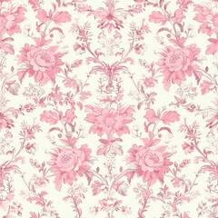 Pink Toile De Jouy Vintage Floral Seamless Pattern 12. Elegant Vector Graphics Print design