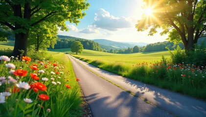 A winding country road unfolds amidst a vibrant spring landscape, lush greenery, blooming wildflowers, and bright sunlight Perfect for travel, nature, and seasonal themes , asphalt, season