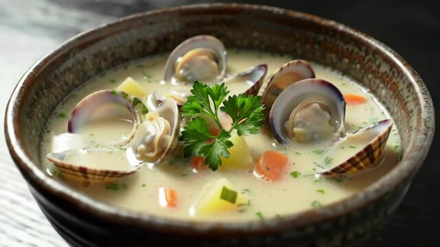 Cinematic orbit and zoom on creamy clam chowder with clams and parsley in rustic bowl, soft light, black table