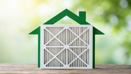 Furnace Filter concept. House-shaped air filter against a blurred green background.