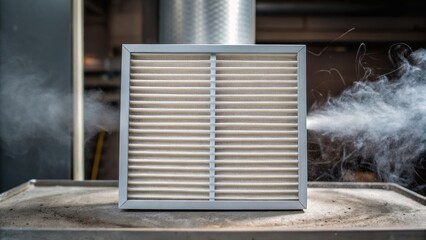 Furnace Filter concept. Industrial air filter with smoke escaping from its sides.
