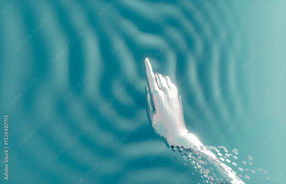 Poster Virtual Digital hand of Artificial Intelligence (AI) with rippled effect. deep learning concept. 3d rendering