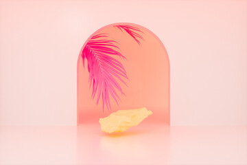 Beauty fashion backdrop for product display with summer tropical leaves. 3d rendering