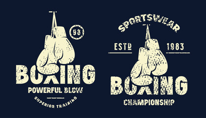 Boxing emblem for t-shirt. Graphic design with rough texture. Light print on black background
