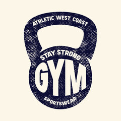 Kettlebell sport emblem for bodybuilding theme.  Graphic design with rough texture for t-shirt. Black print on white background