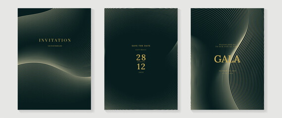 Luxury wedding invitation card background vector. Golden elegant gold wavy lines on green background. Premium design illustration for wedding and vip cover template, banner, poster. 