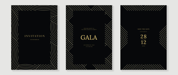 Luxury wedding invitation card background vector. Golden elegant gold wavy lines on dark background. Premium design illustration for wedding and vip cover template, banner, poster. 