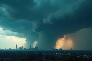 Dark, ominous storm clouds filled with pollution, smog, and industrial haze hang heavy in the sky, a bleak and polluted atmosphere , atmospheric pollution, storm clouds, smoke