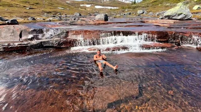 Viking Man Bathing in Small Waterfall &ndash; Haglebu, Sigdal, Norway Wilderness Scene