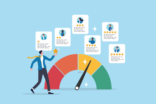 Performance review, employee evaluation rating assessment, star feedback for candidate, quality scale or appraisal comparison concept, businessman review employee performance with gauge and star.