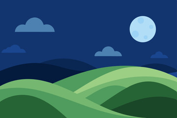 Fototapeta premium Night landscape with moon and stars, a beautiful nature illustration of mountains and hills under a blue sky