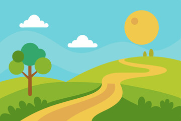 Obraz premium Vibrant summer landscape vector illustration with green trees, hills, and a road under a bright sky with clouds