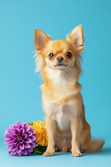 Obraz premium Chihuahua Sitting with Flowers on Blue Background 