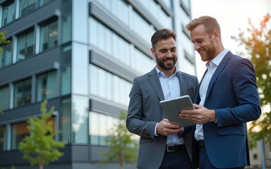 Business partners discussing project using tablet in front of modern office building. High quality