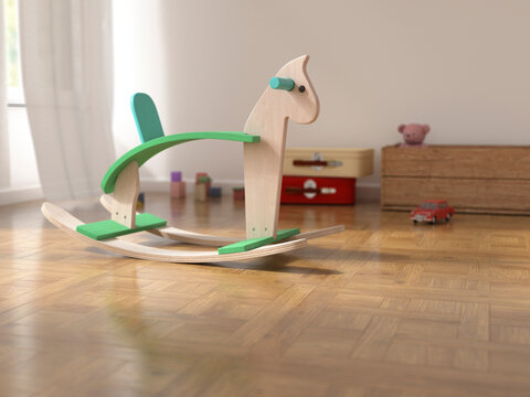 3D rendering of a wooden rocking horse in a playroom with toys on a wooden floor
