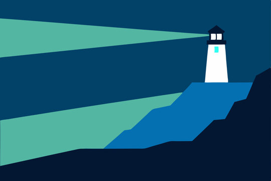 White lighthouse tower stands on an island coast against a blue sky and vast sea