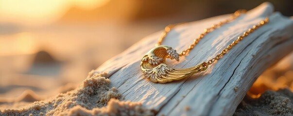 Delicate gold necklace shaped like a wave, resting on a smooth, sun-bleached driftwood piece against a backdrop of textured sand, evoking the beauty of a coastal sunrise , jewelry, shine