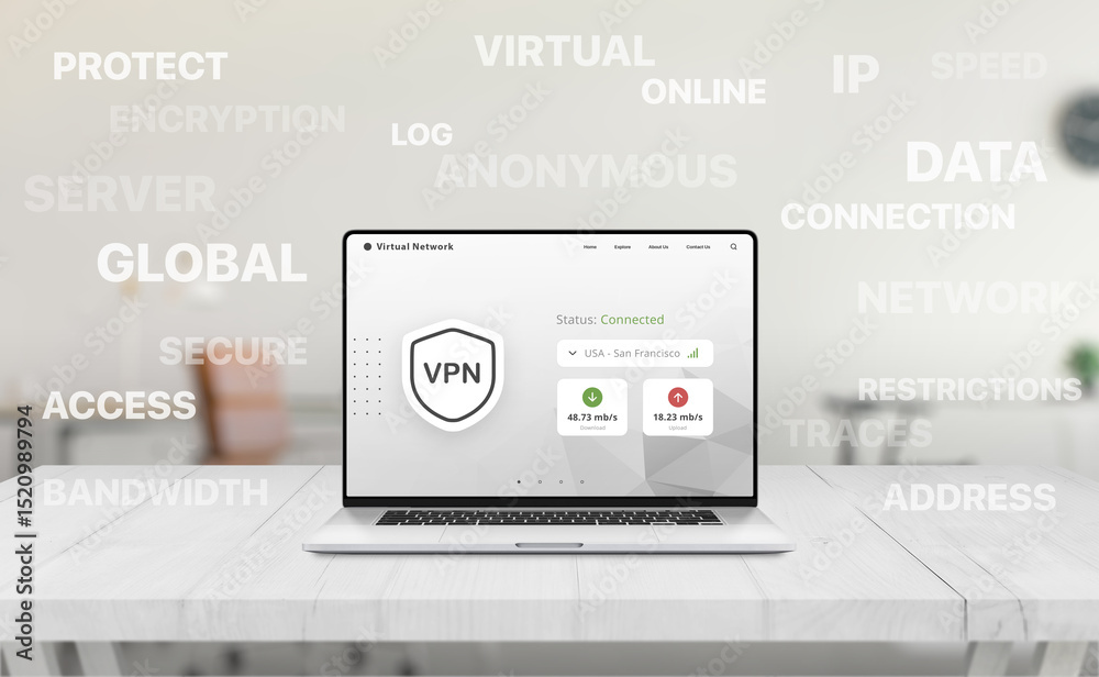 Aufkleber Laptop with VPN dashboard on screen surrounded by floating keywords like encryption, IP, anonymous, server, and secure data in office setup.