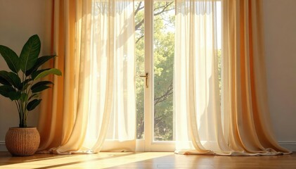 Elegant sheer curtains gently billowing in a soft breeze, filtering sunlight through a large window, creating a warm and inviting atmosphere in a bright, airy room , design, bedroom, serene