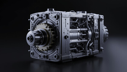 detailed view of complex mechanical gearbox with intricate components and metallic finish, showcasing engineering precision and industrial design on dark background