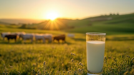 Fresh milk from pitcher into the glass with grass field and cows with a natural background,fresh milk ad template banner,Cows live on natural pastures, packaging with milk packs concept.