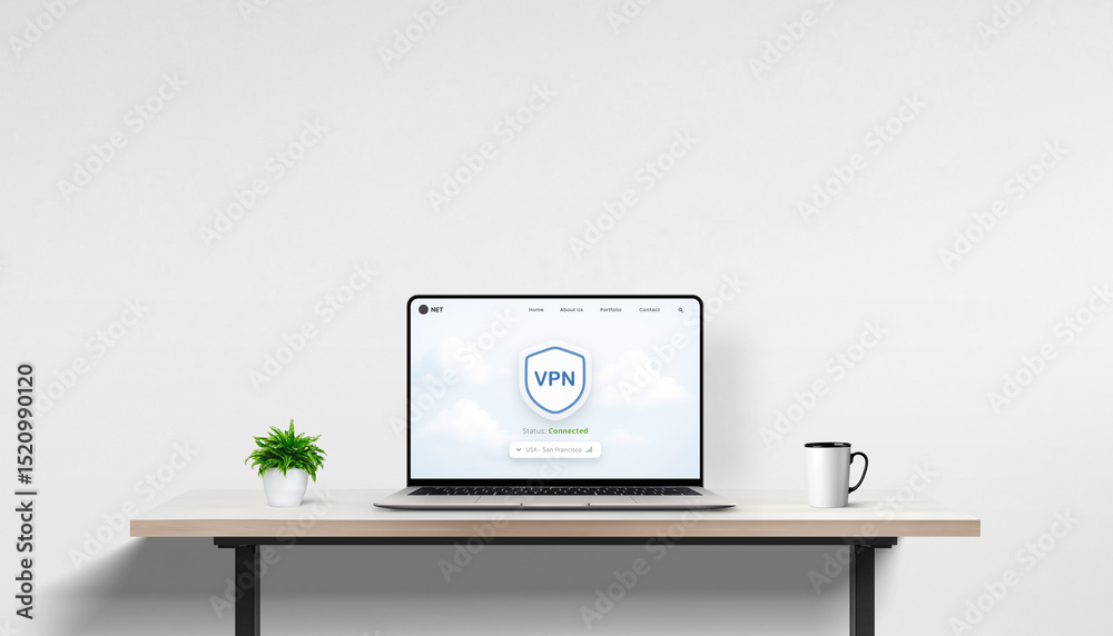 Poster Modern workspace with VPN screen on laptop and blank wall background, perfect for inserting custom promo text or campaign visuals.