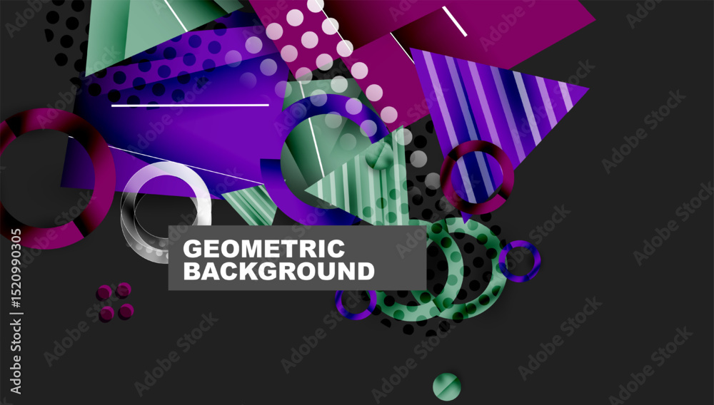 Poster Abstract geometric composition. Vibrant shapes overlap, creating dynamic visual effect. Purple, green, white dominate dark background.