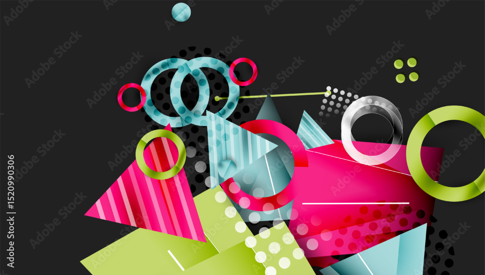 Poster abstract composition. bright shapes overlap, creating dynamic visual texture. pink, green, blue domi