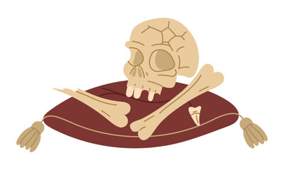 human skull with bones and teeth on red pillow as an exhibition piece in the museum. An archaeological find. Flat color illustration. scientific projects, encyclopedias, museum exhibitions, history