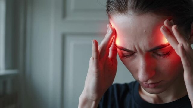 Young woman experiencing intense tension headache, pressing fingertips against temples, red highlighted areas revealing pain localization and physical discomfort from emotional stress