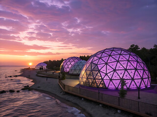 Night cityscape with futuristic domes glowing purple against colorful twilight – Ciudad nocturna con cúpulas futuristas brillando en púrpura bajo crepúsculo colorido