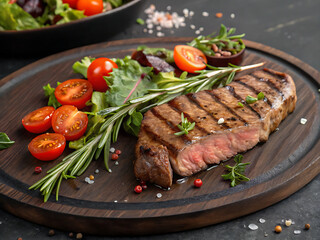 Grilled beef steak served with cherry tomatoes and green beans on black plate – Filete de res a la parrilla servido con tomates cherry y ejotes en plato negro