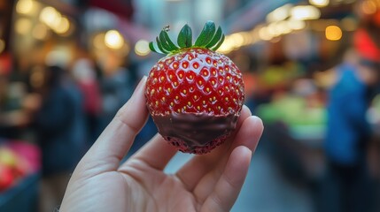 Hand holding of Glass with strawberry dipped in chocolate and pistachio,empty sunday market background,Kunafa Pistachio,dubai chocolate,copy space.