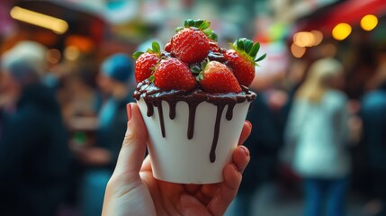 Hand holding of Glass with strawberry dipped in chocolate and pistachio,empty sunday market background,Kunafa Pistachio,dubai chocolate,copy space.
