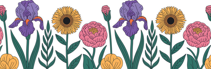 Colorful floral border illustration with iris sunflower and peony flowers on white background.