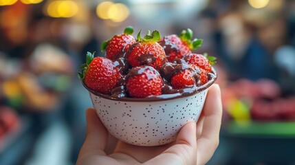 Hand holding of Glass with strawberry dipped in chocolate and pistachio,empty sunday market background,Kunafa Pistachio,dubai chocolate,copy space.