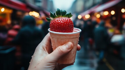 Hand holding of Glass with strawberry dipped in chocolate and pistachio,empty sunday market background,Kunafa Pistachio,dubai chocolate,copy space.