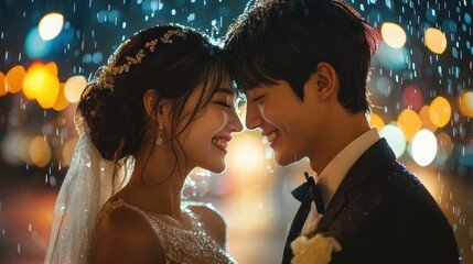 Happy Wedding couple dancing and running in the rain,city night,Young joyful bride and groom emotionally dancing on road,honeymoon and romantic night,valentine,sweet moment,copy space.