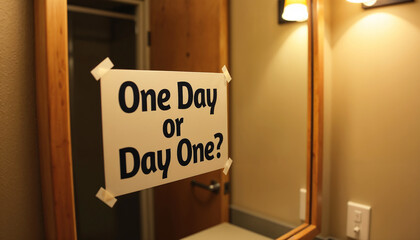 Inspirational poster with text One Day or Day One. Motivational message on paper taped to mirror.  Daily affirmation for self improvement.