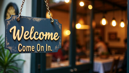 Rustic welcome sign hanging outside restaurant entrance. Warm inviting atmosphere inside shown through glass door. Welcome sign perfect for cafe or restaurant advertising.