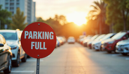 Parking lot full sign at sunset. Red parking full sign stands in crowded parking lot. Many cars parked in rows at sunset. Parking full sign concept for city guide.