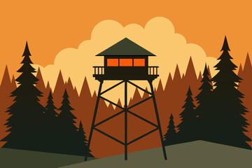 A lone watch tower overlooks a serene forest house at sunset, blending architecture with nature's vast landscape and water views