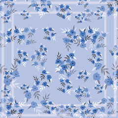 Print for kerchief, bandana, scarf, handkerchief, shawl, neck scarf. Squared pattern with ornament for fabric, textile, silk products. Paisley vector with abstract flowers. Floral folk tracery.