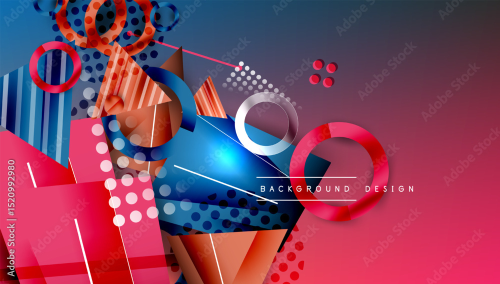 Poster Abstract geometric composition. Vibrant colors, shapes overlap creating dynamic visual effect. Modern design elements present.