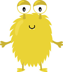 Fluffy cute yellow monster or alien. Vector illustration. Flat cartoon design.